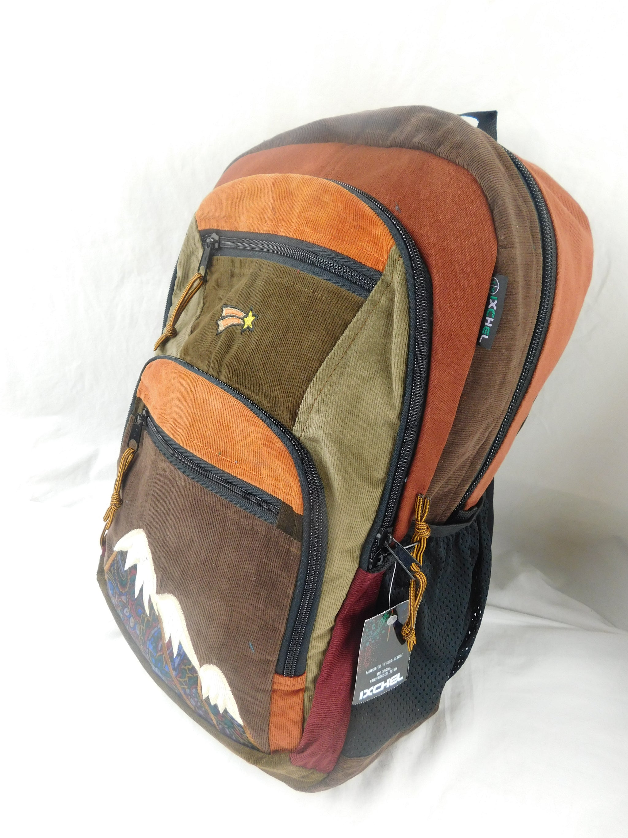 Patchwork Corduroy Backpack with Mountain Applique - Large